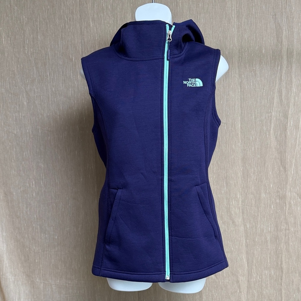 The North Face Women's Navy Hooded Fleece Vest with Aqua Zipper